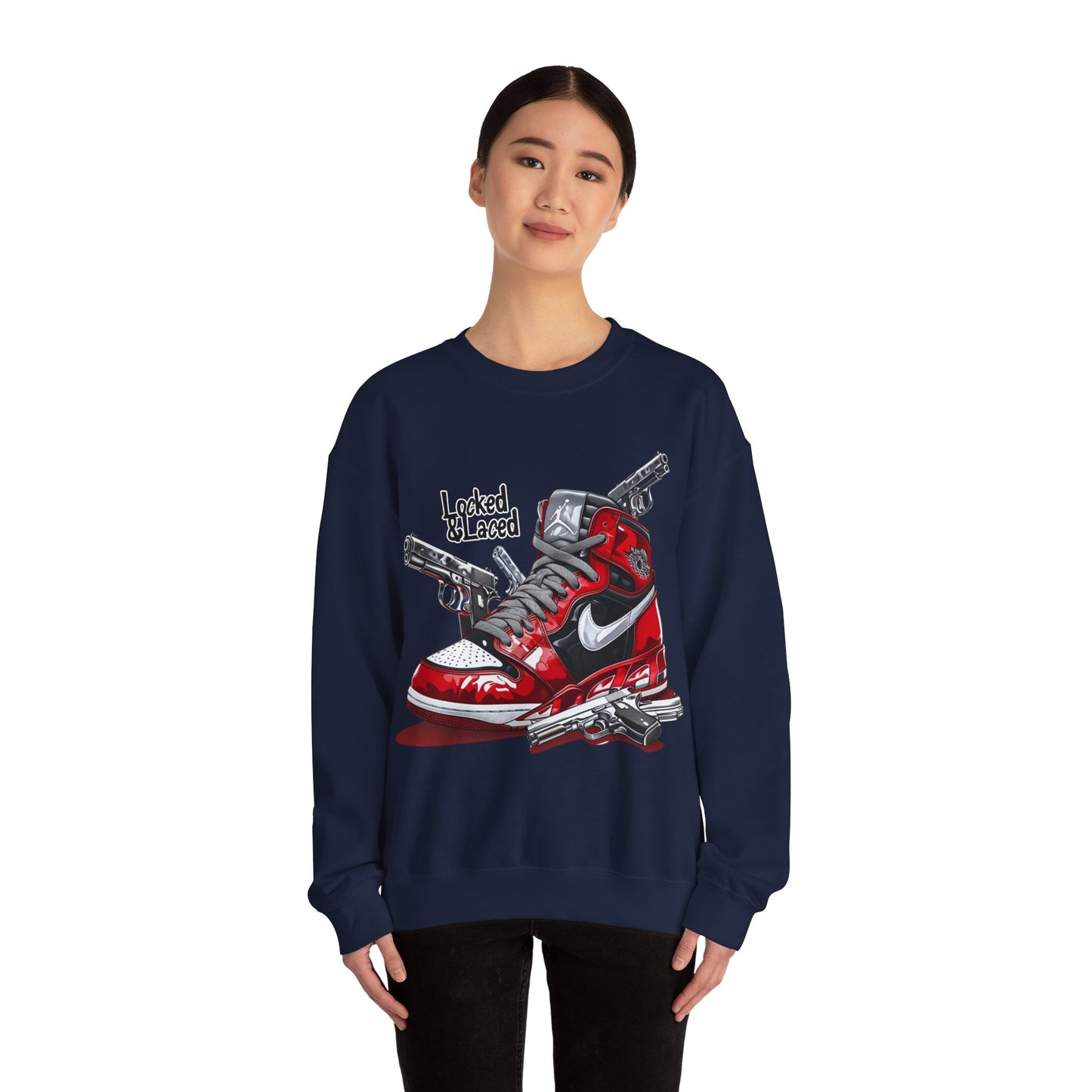 Locked and Laced Sweatshirt|Bold Streetwear Design|Sneakerhead Gift|Stylish Graphic Crewneck|Air Kicks & Edge Style|Firearms Sweatshirt