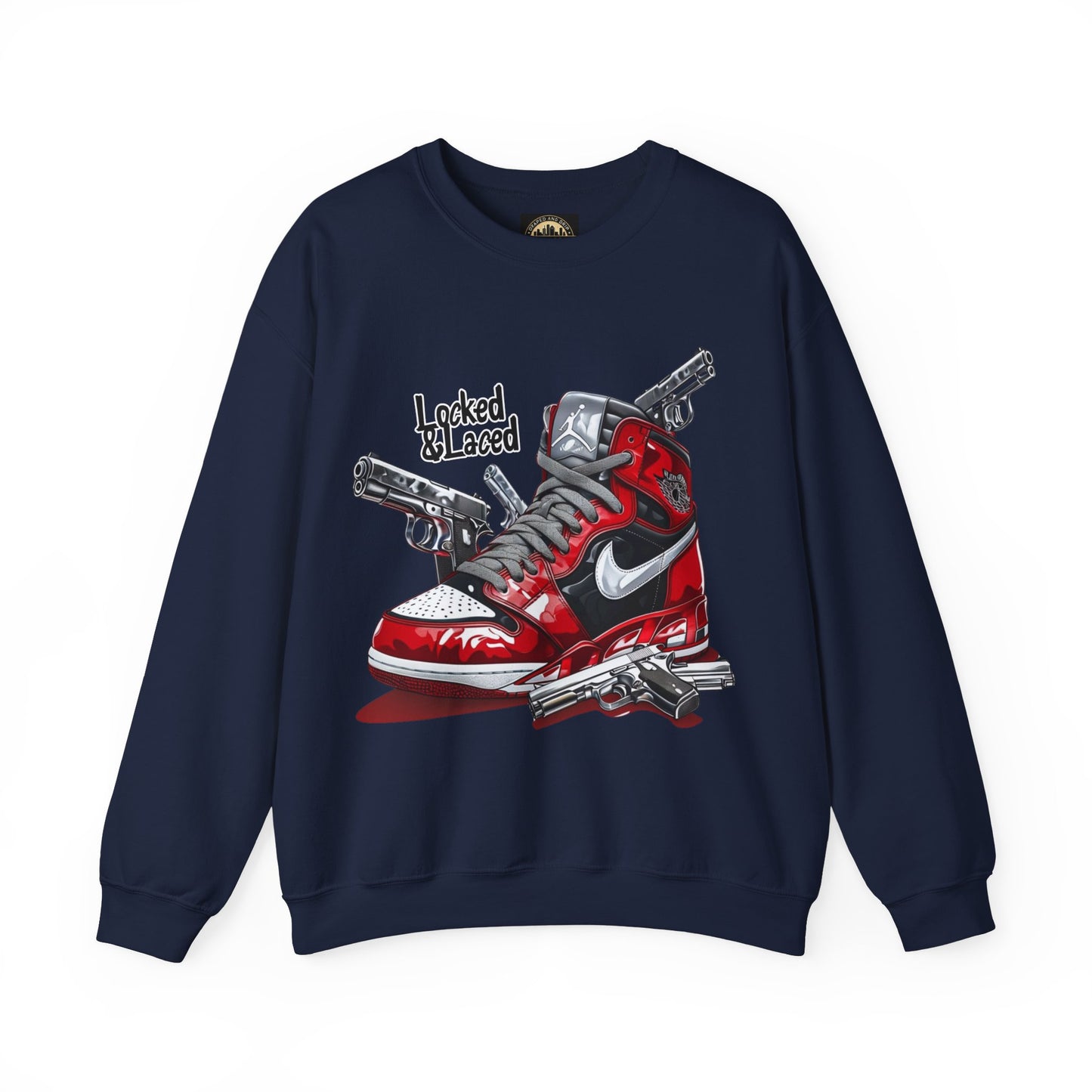 Locked and Laced Sweatshirt|Bold Streetwear Design|Sneakerhead Gift|Stylish Graphic Crewneck|Air Kicks & Edge Style|Firearms Sweatshirt