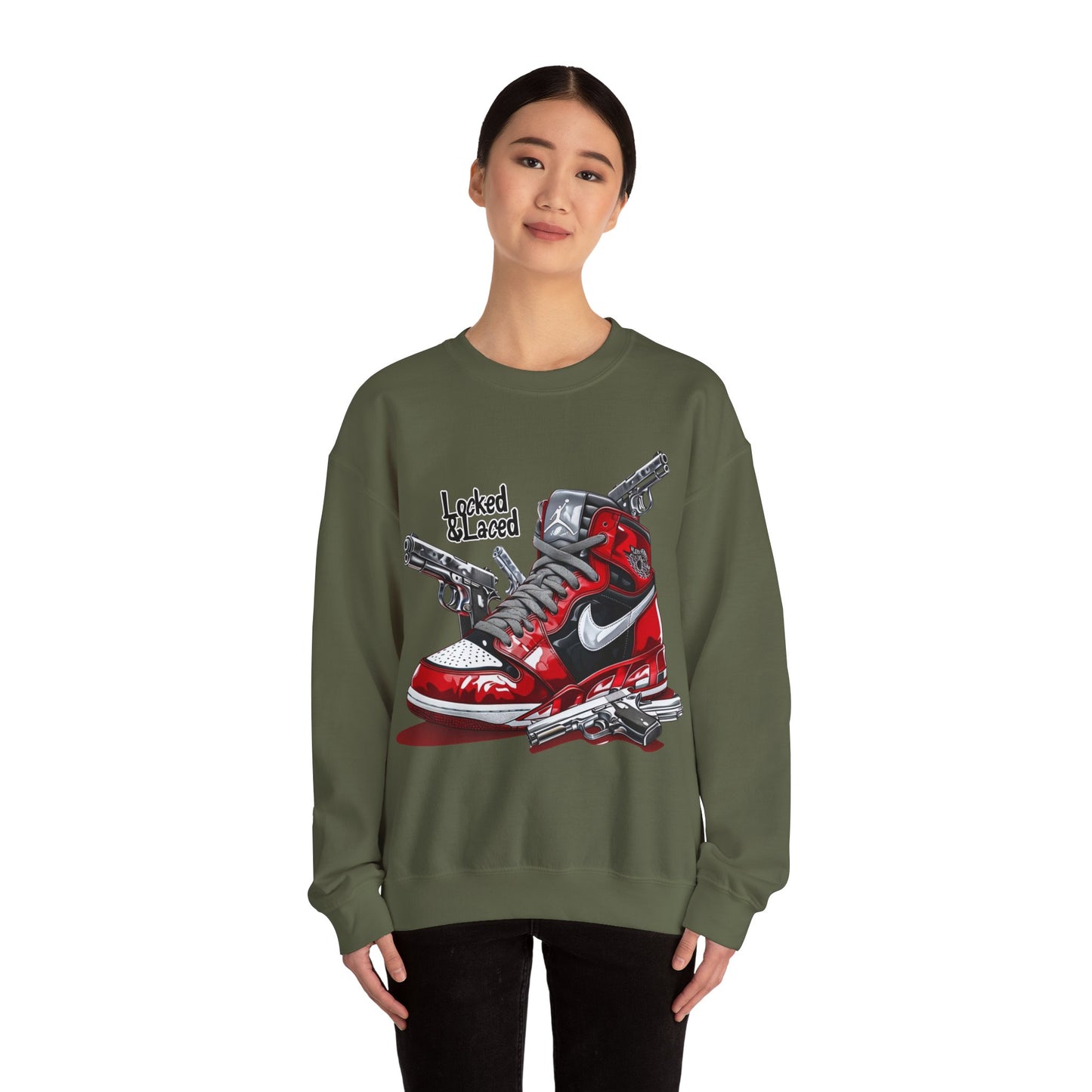 Locked and Laced Sweatshirt|Bold Streetwear Design|Sneakerhead Gift|Stylish Graphic Crewneck|Air Kicks & Edge Style|Firearms Sweatshirt