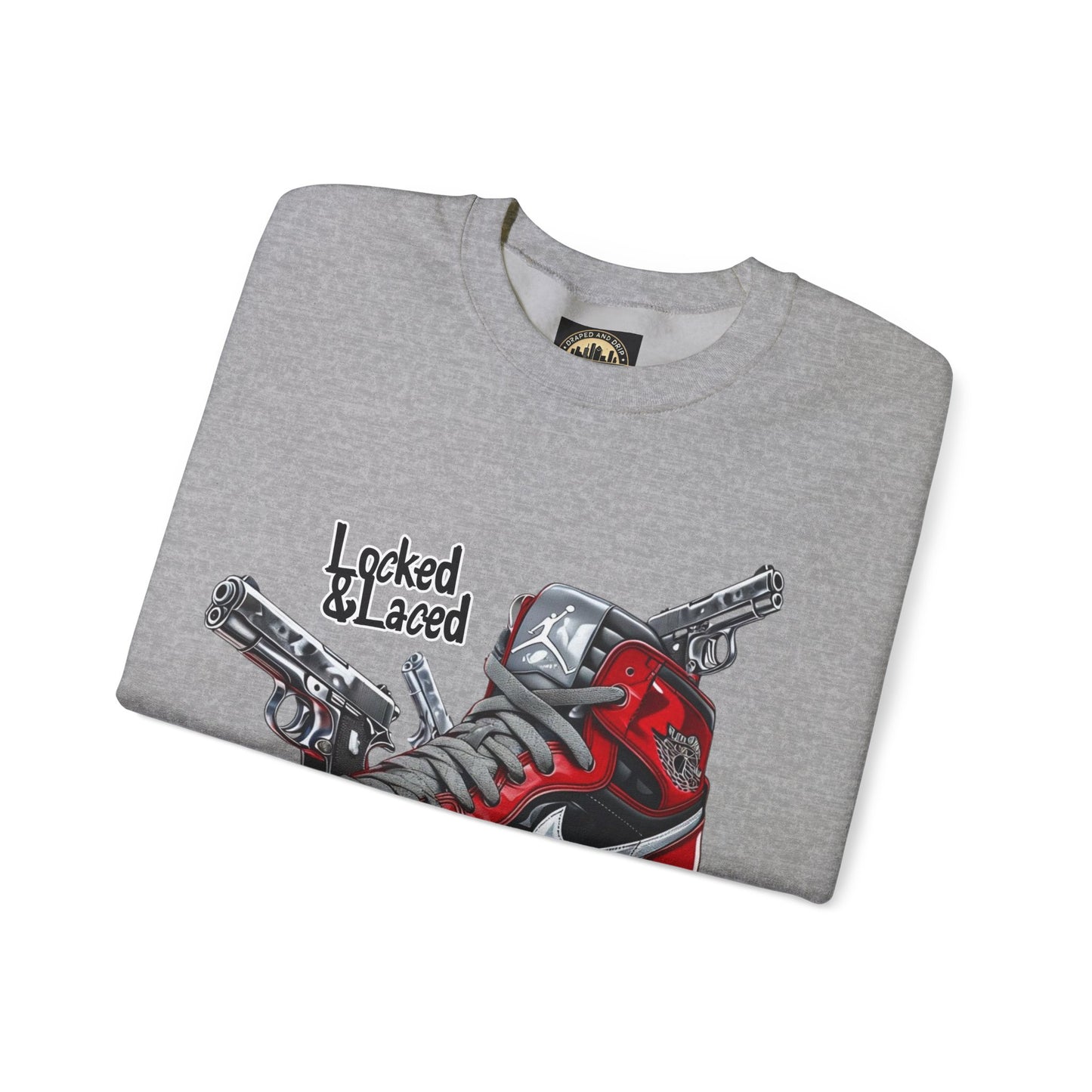 Locked and Laced Sweatshirt|Bold Streetwear Design|Sneakerhead Gift|Stylish Graphic Crewneck|Air Kicks & Edge Style|Firearms Sweatshirt