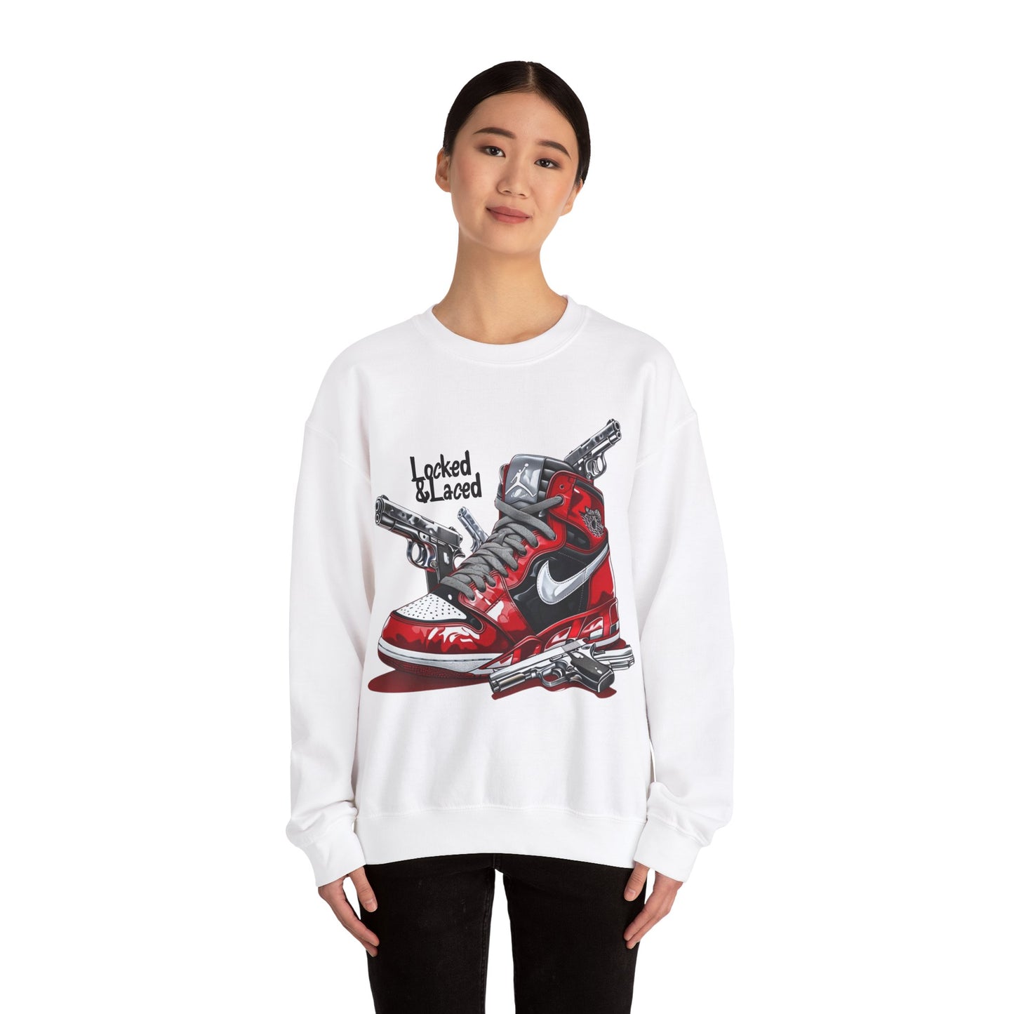 Locked and Laced Sweatshirt|Bold Streetwear Design|Sneakerhead Gift|Stylish Graphic Crewneck|Air Kicks & Edge Style|Firearms Sweatshirt
