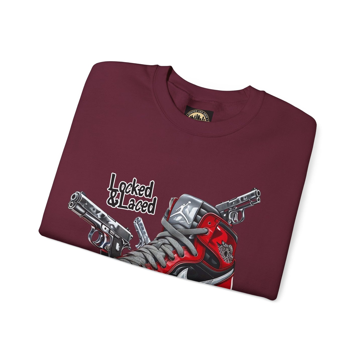 Locked and Laced Sweatshirt|Bold Streetwear Design|Sneakerhead Gift|Stylish Graphic Crewneck|Air Kicks & Edge Style|Firearms Sweatshirt