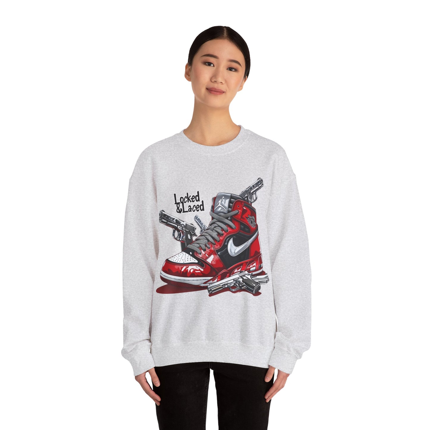 Locked and Laced Sweatshirt|Bold Streetwear Design|Sneakerhead Gift|Stylish Graphic Crewneck|Air Kicks & Edge Style|Firearms Sweatshirt