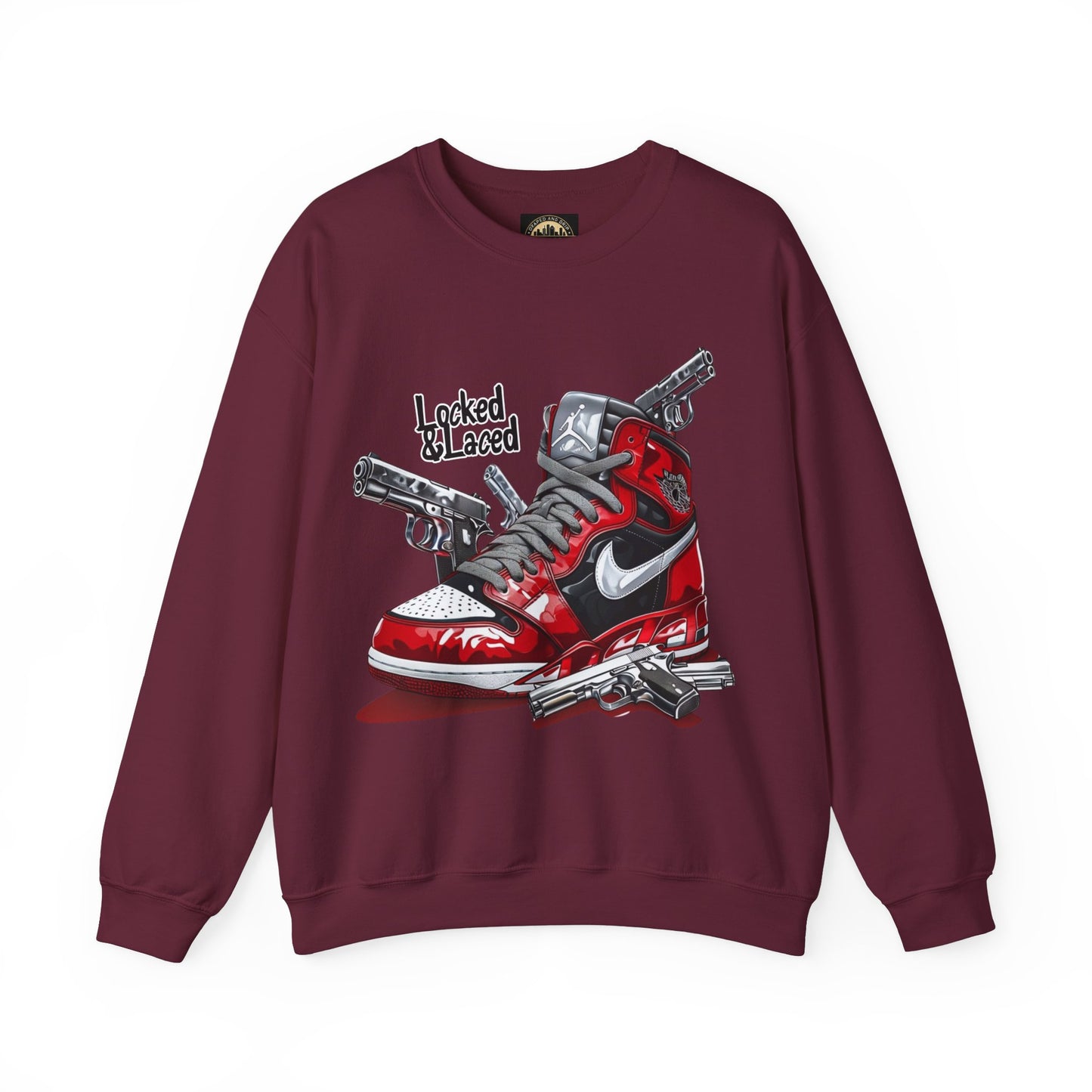 Locked and Laced Sweatshirt|Bold Streetwear Design|Sneakerhead Gift|Stylish Graphic Crewneck|Air Kicks & Edge Style|Firearms Sweatshirt