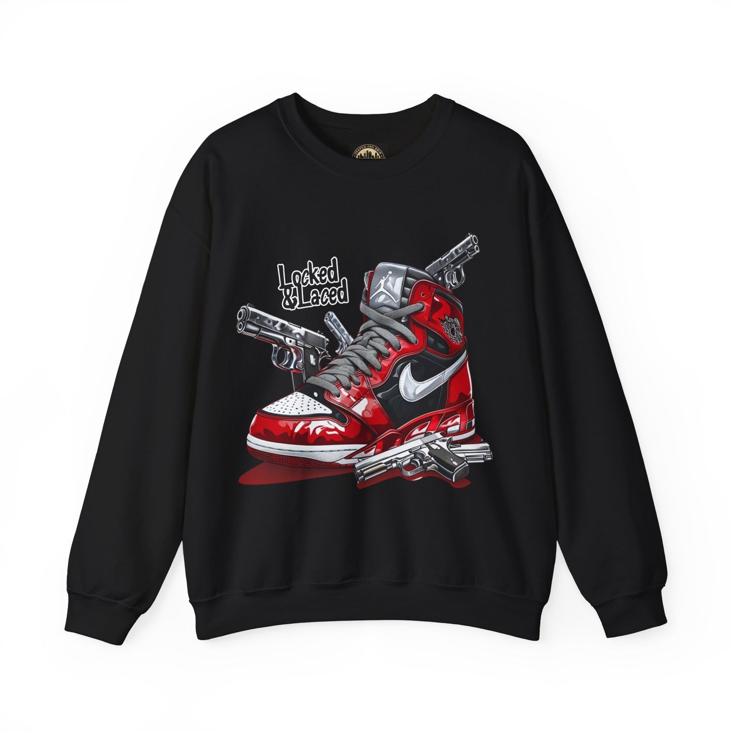Locked and Laced Sweatshirt|Bold Streetwear Design|Sneakerhead Gift|Stylish Graphic Crewneck|Air Kicks & Edge Style|Firearms Sweatshirt