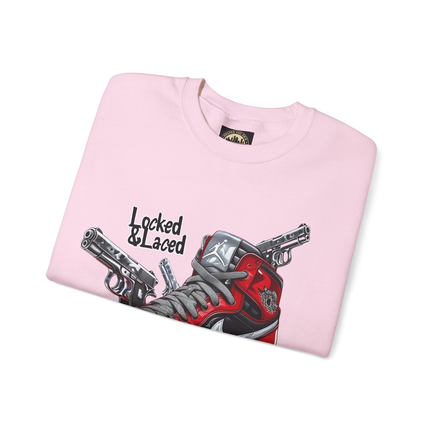 Locked and Laced Sweatshirt|Bold Streetwear Design|Sneakerhead Gift|Stylish Graphic Crewneck|Air Kicks & Edge Style|Firearms Sweatshirt