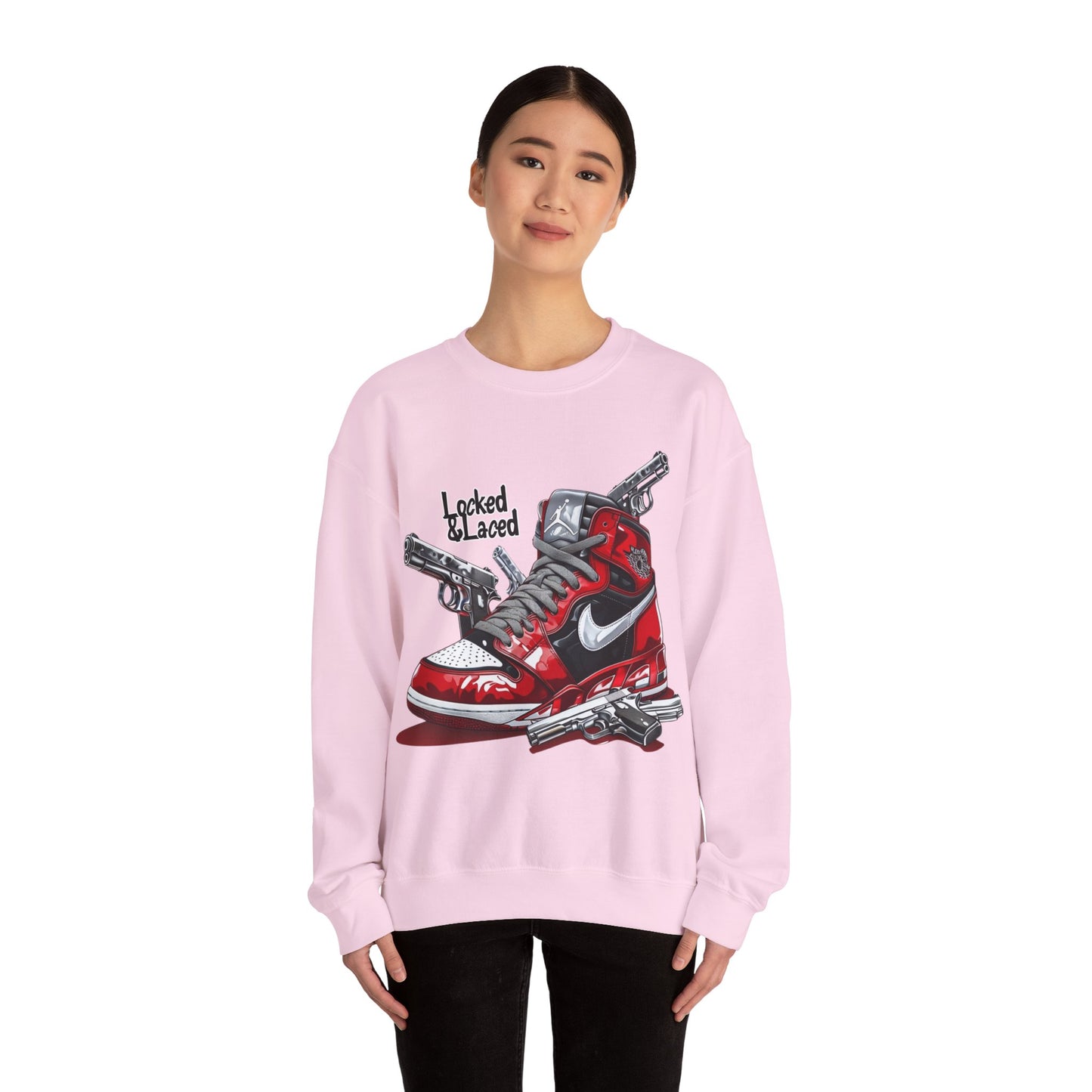 Locked and Laced Sweatshirt|Bold Streetwear Design|Sneakerhead Gift|Stylish Graphic Crewneck|Air Kicks & Edge Style|Firearms Sweatshirt