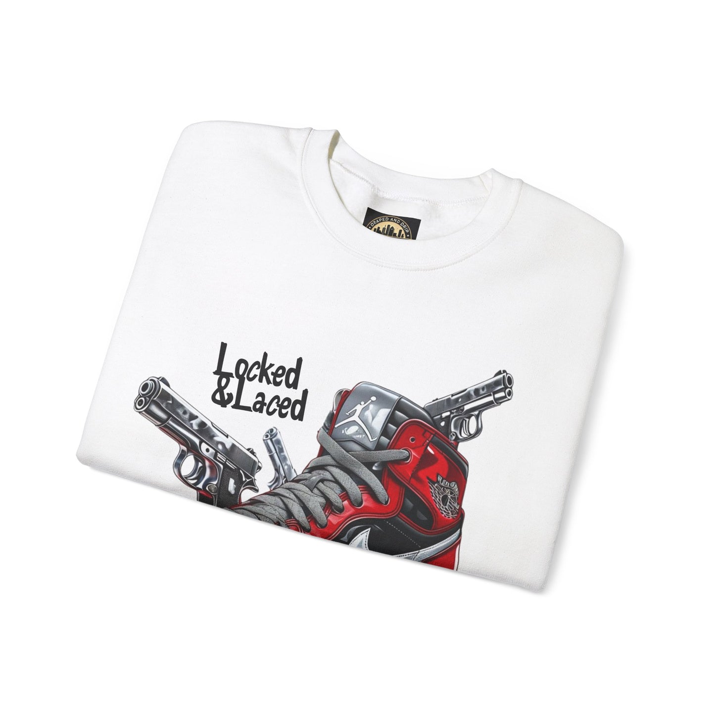 Locked and Laced Sweatshirt|Bold Streetwear Design|Sneakerhead Gift|Stylish Graphic Crewneck|Air Kicks & Edge Style|Firearms Sweatshirt