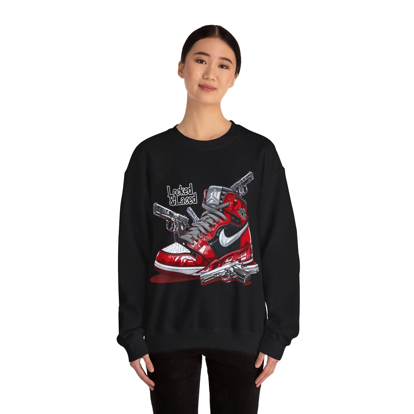 Locked and Laced Sweatshirt|Bold Streetwear Design|Sneakerhead Gift|Stylish Graphic Crewneck|Air Kicks & Edge Style|Firearms Sweatshirt
