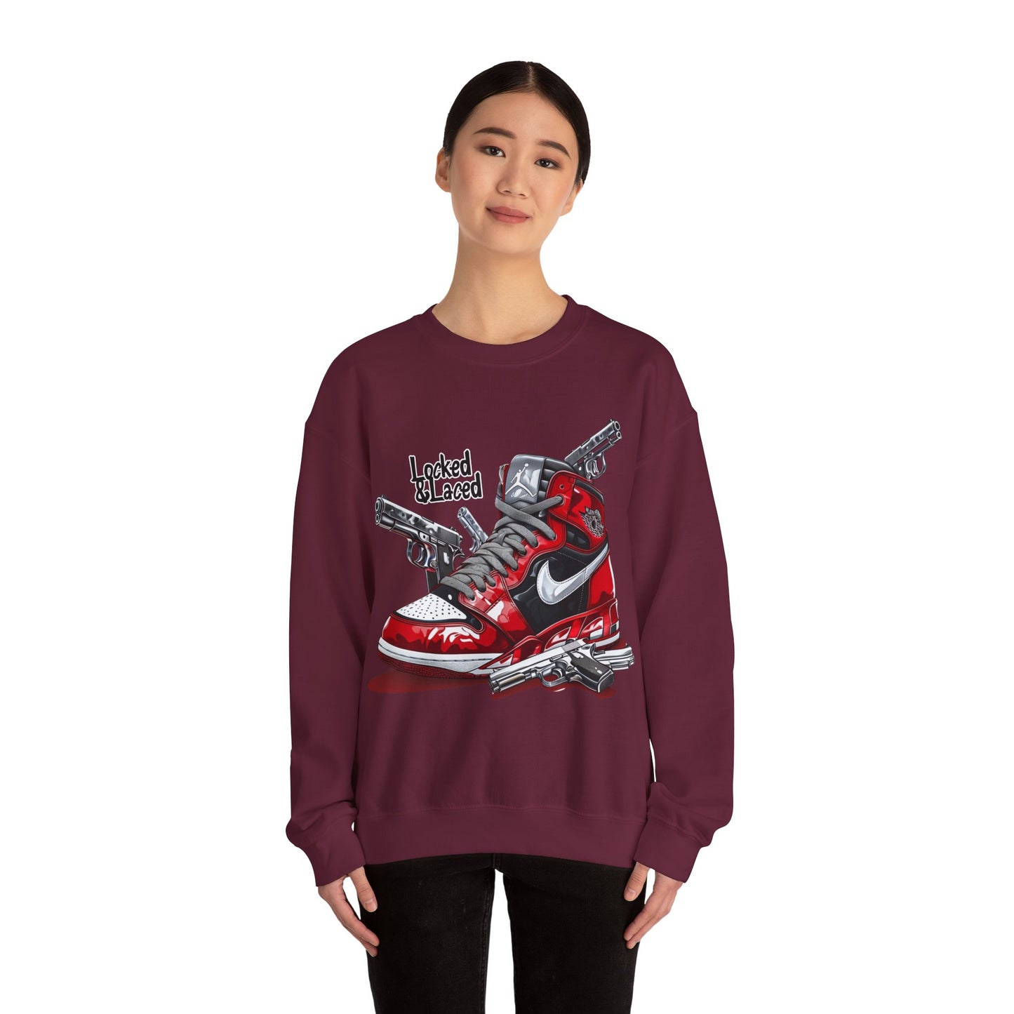 Locked and Laced Sweatshirt|Bold Streetwear Design|Sneakerhead Gift|Stylish Graphic Crewneck|Air Kicks & Edge Style|Firearms Sweatshirt