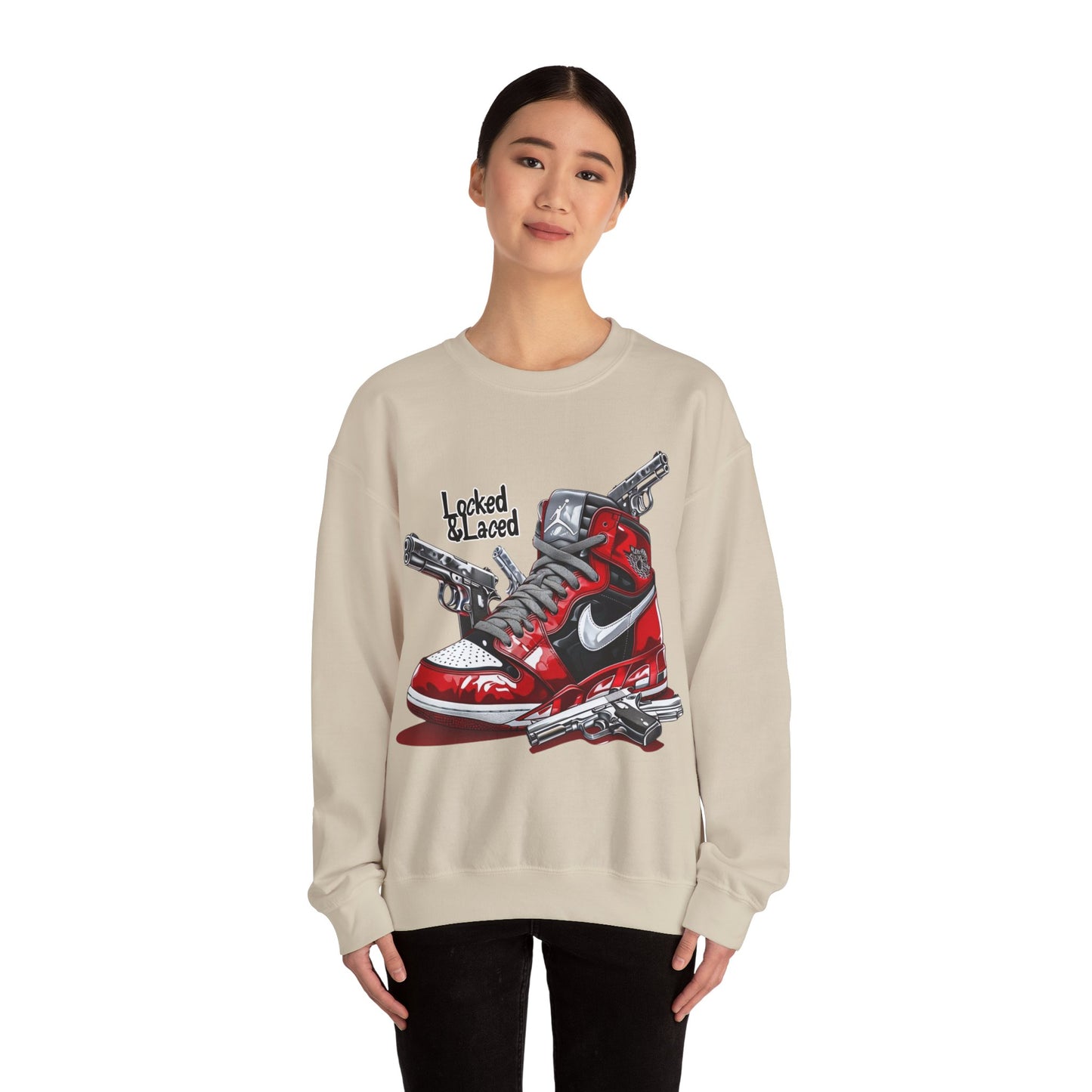 Locked and Laced Sweatshirt|Bold Streetwear Design|Sneakerhead Gift|Stylish Graphic Crewneck|Air Kicks & Edge Style|Firearms Sweatshirt