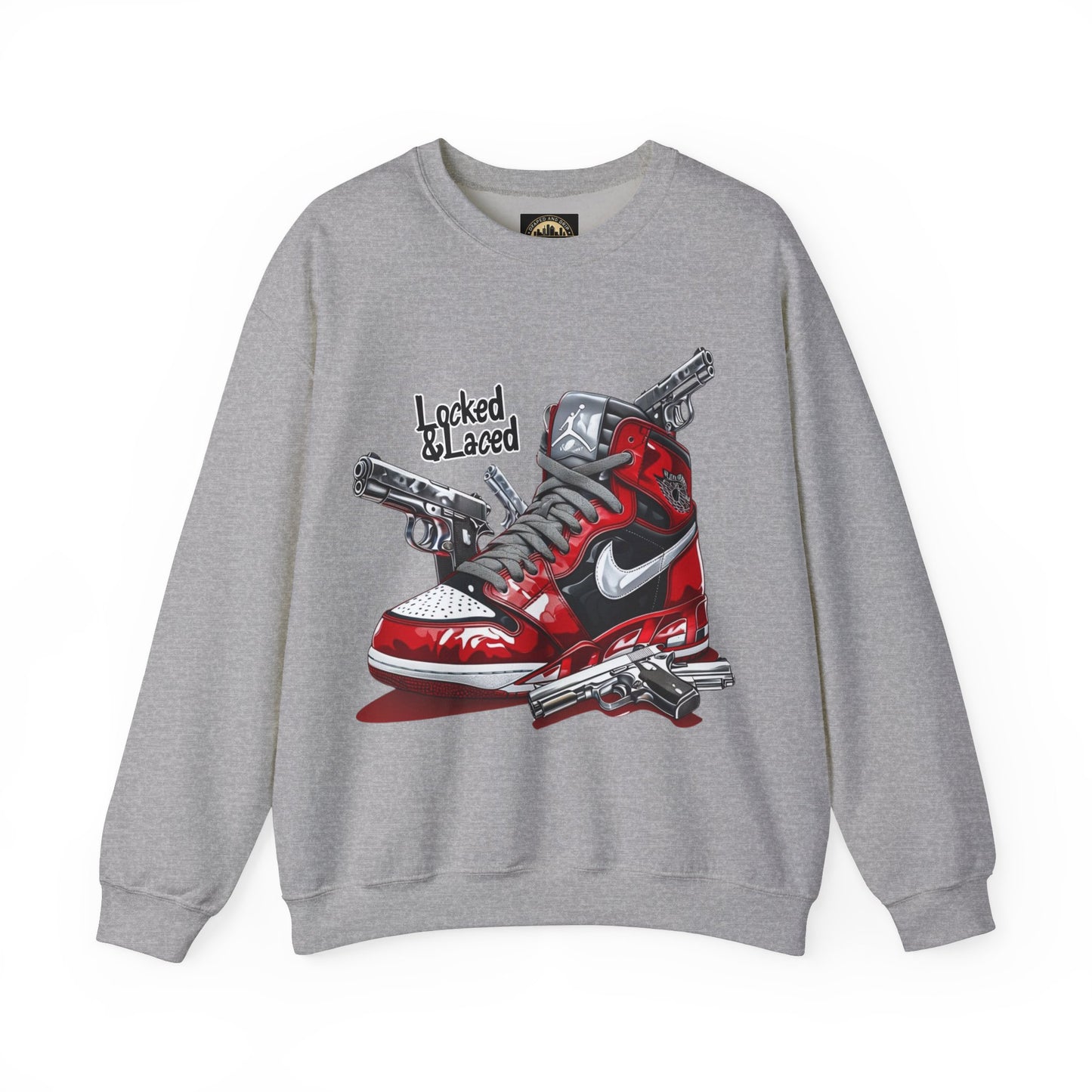 Locked and Laced Sweatshirt|Bold Streetwear Design|Sneakerhead Gift|Stylish Graphic Crewneck|Air Kicks & Edge Style|Firearms Sweatshirt