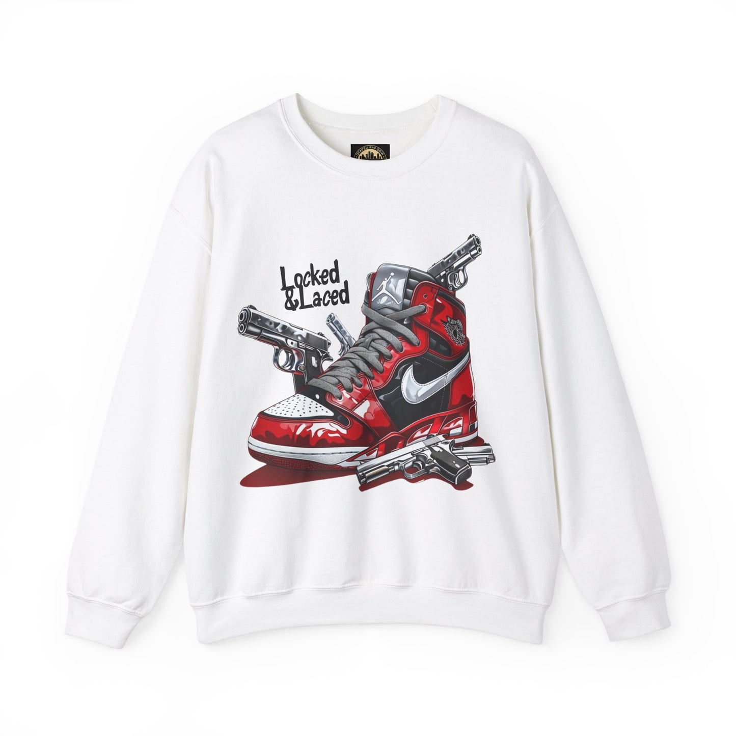 Locked and Laced Sweatshirt|Bold Streetwear Design|Sneakerhead Gift|Stylish Graphic Crewneck|Air Kicks & Edge Style|Firearms Sweatshirt