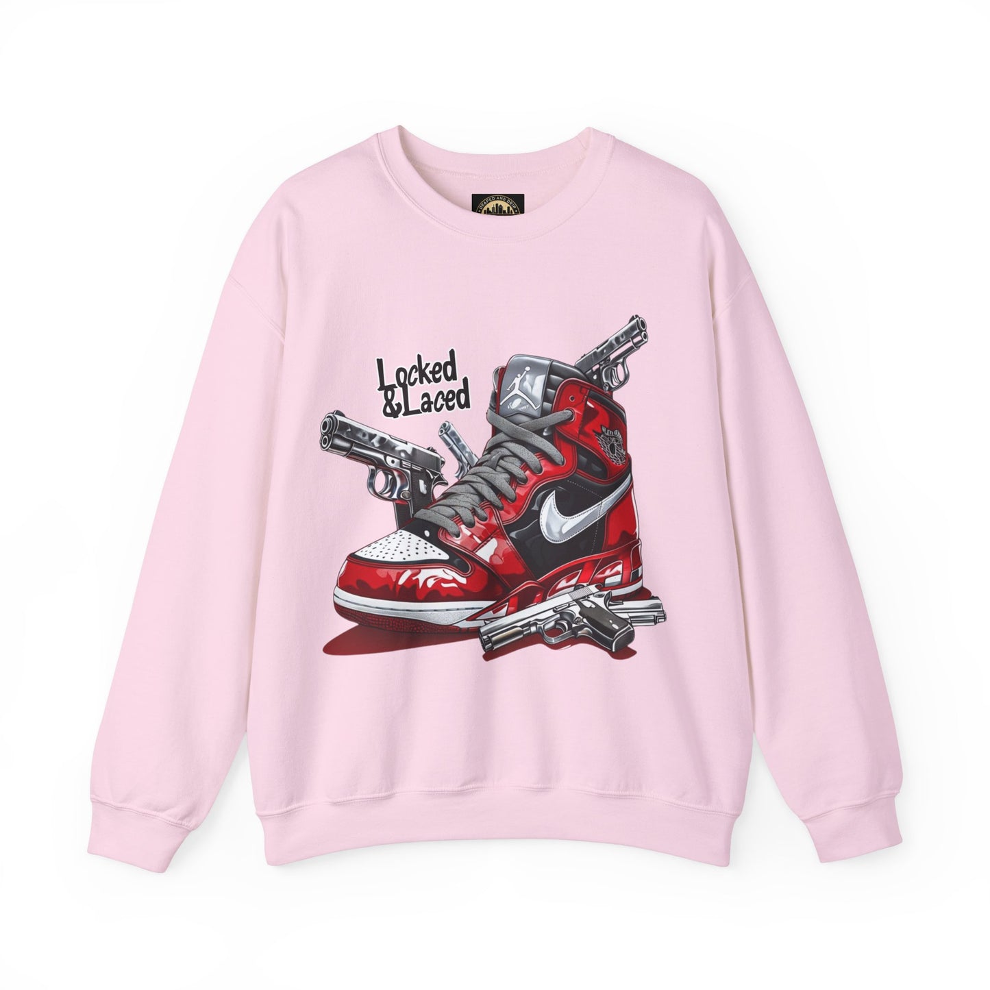 Locked and Laced Sweatshirt|Bold Streetwear Design|Sneakerhead Gift|Stylish Graphic Crewneck|Air Kicks & Edge Style|Firearms Sweatshirt