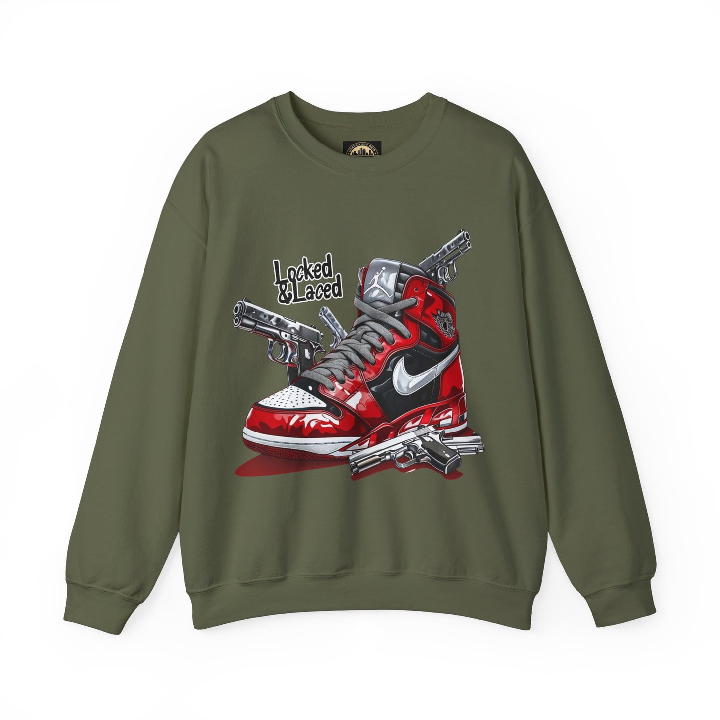 Locked and Laced Sweatshirt|Bold Streetwear Design|Sneakerhead Gift|Stylish Graphic Crewneck|Air Kicks & Edge Style|Firearms Sweatshirt