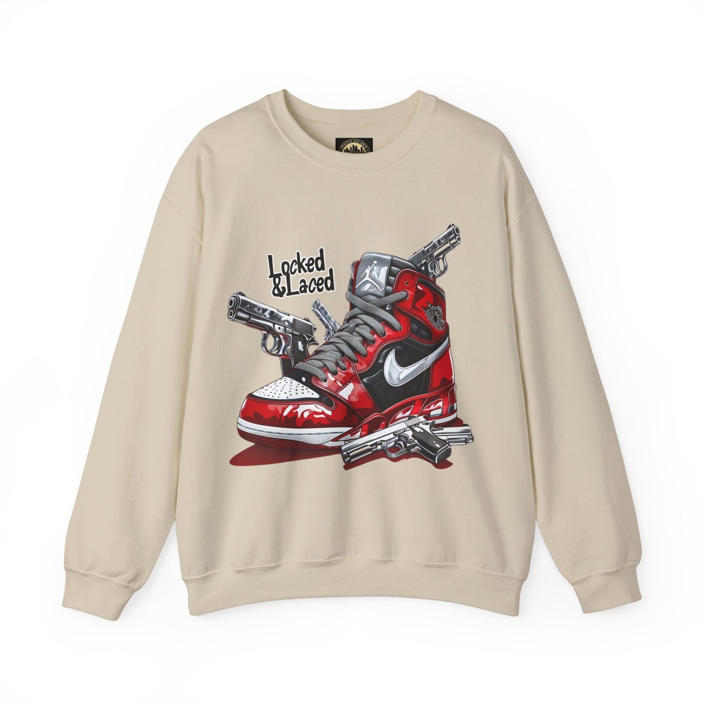 Locked and Laced Sweatshirt|Bold Streetwear Design|Sneakerhead Gift|Stylish Graphic Crewneck|Air Kicks & Edge Style|Firearms Sweatshirt