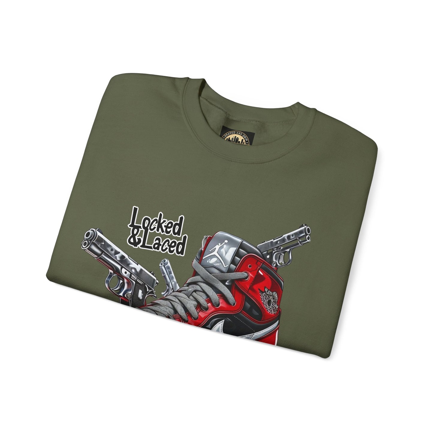 Locked and Laced Sweatshirt|Bold Streetwear Design|Sneakerhead Gift|Stylish Graphic Crewneck|Air Kicks & Edge Style|Firearms Sweatshirt