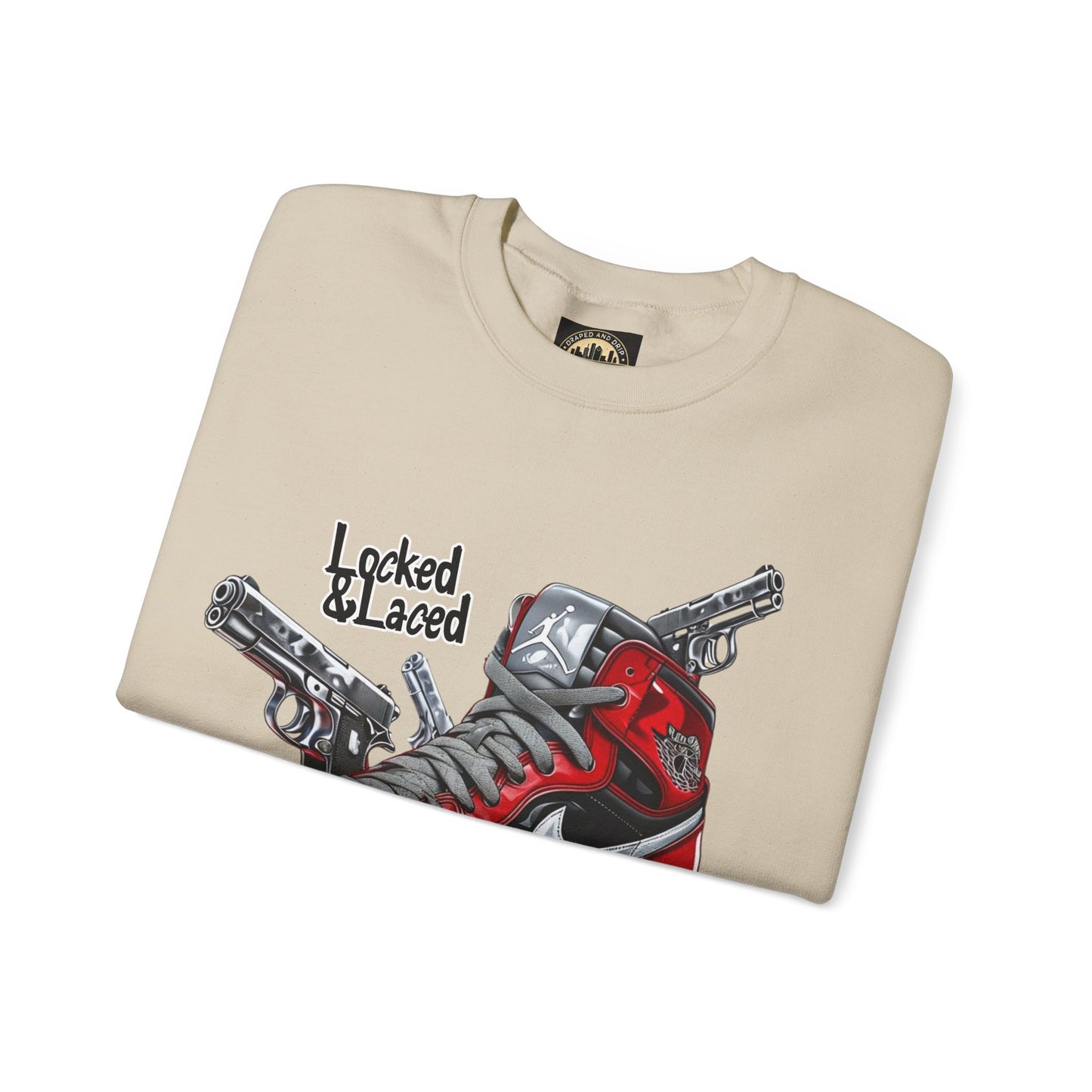 Locked and Laced Sweatshirt|Bold Streetwear Design|Sneakerhead Gift|Stylish Graphic Crewneck|Air Kicks & Edge Style|Firearms Sweatshirt