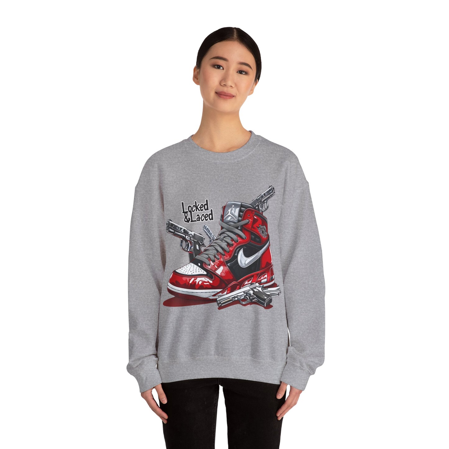 Locked and Laced Sweatshirt|Bold Streetwear Design|Sneakerhead Gift|Stylish Graphic Crewneck|Air Kicks & Edge Style|Firearms Sweatshirt